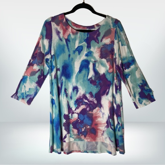 Belle by Kim Gravel 3/4 Sleeve Watercolor Print Tunic Top, Medium - Picture 3 of 8